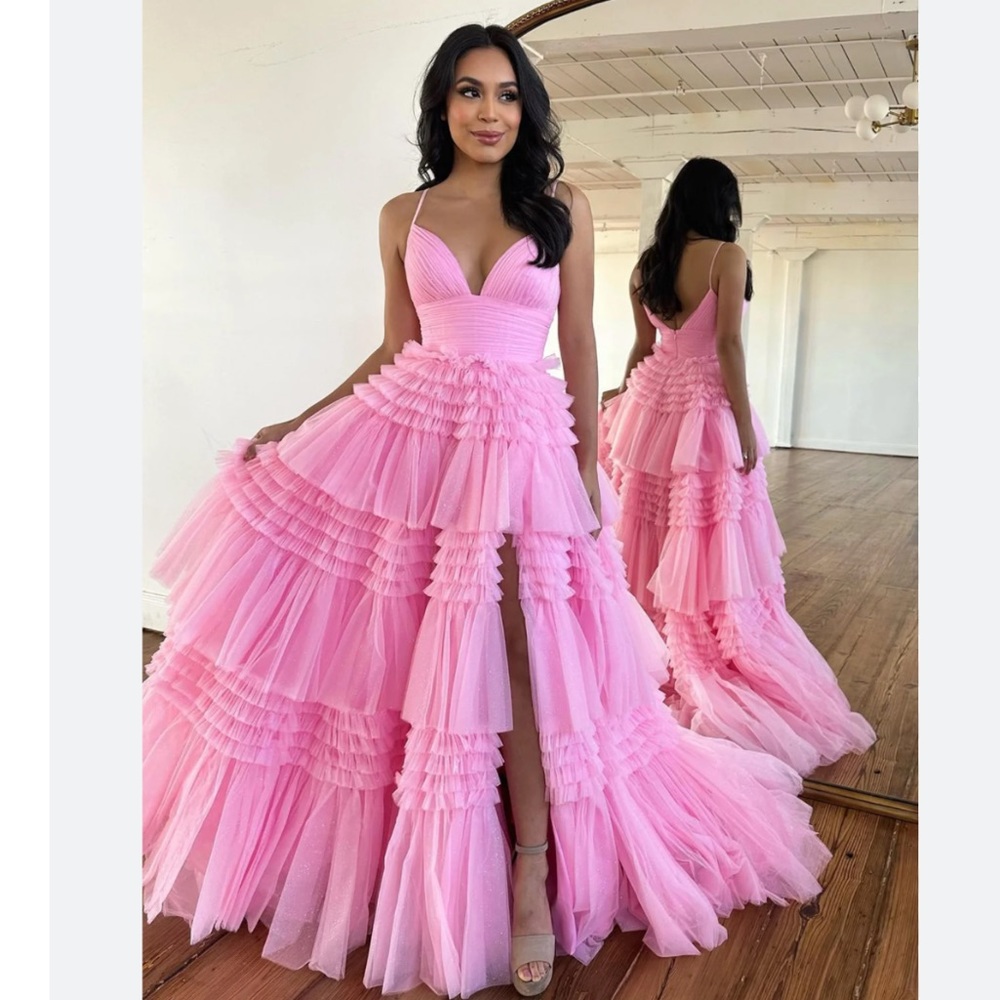 ISO Sherri Hill Tiered Tulle Ruffle Prom Dress Pink Size 0 2 4 6